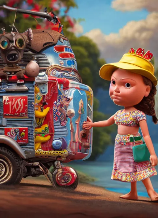 Prompt: highly detailed closeup, profile portrait of a tin toy greta thunberg wearing a bikini and mini - skirt, unreal engine, nicoletta ceccoli, mark ryden, earl norem, lostfish, global illumination, detailed and intricate environment