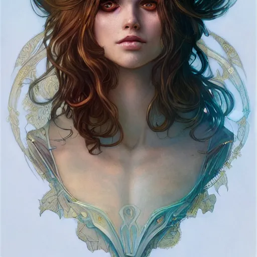 Image similar to character portrait by Magali Villeneuve and Steve Argyle,Livia Prima,Mucha,dress,fantasy art,beautiful,artstation,trending on artstation,intricate details,alluring,masterpiece