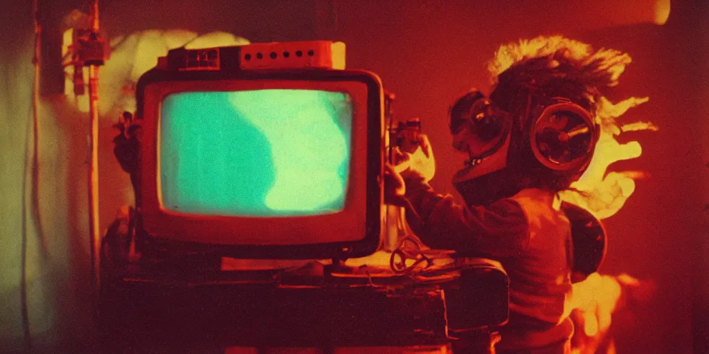 Image similar to a screaming and angry mechanical monster child with a TV monitor for its head, inside of a 1970s science lab, neon lights, dirty, ektachrome photograph, volumetric lighting, f8 aperture, cinematic Eastman 5384 film
