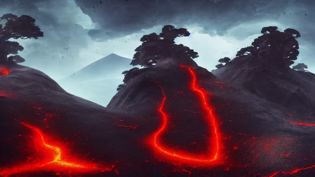 Image similar to samurai struggling through volcanic terrain, thunderstorm, cinematic lighting, wide shot, octane render, 4 k, 8 k, artstation, concept art