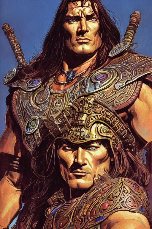 Prompt: a stunning and hypnotic full-color futuristic art nouveau styled action portrait of conan as a stoic barbarian king with stony and condemning eyes, extremely detailed and brusque swarthy facial structure, rune-engraved armor, perfectly symmetrical facial structure and linework, proud and honorable facial characteristics, by bill sienkiewicz, michael kaluta, michael whelan and travis charest, dark sci-fantasy, deep complexity, precisely accurate male muscle anatomy, muscular male hero, RPG character concept, photorealism, spectacular framing, minimalist lighting, hyperrealism, 8k