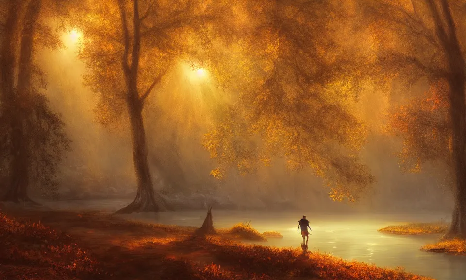 Image similar to A legend of kora background painting of an adventurer walking along the river bank in a forest during the golden hour in autumn, surrounded by dust and volumetric light shining through the tree tops