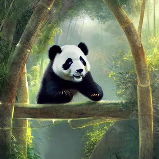 Image similar to world of pandas, bamboos, magical world, by greg rutkowski, sung choi, photo realistic, 8 k, cinematic lighting, hd, atmospheric, hyperdetailed, trending on artstation, devainart, digital painting, glow effect