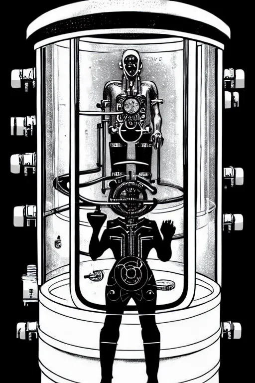 Prompt: steampunk cryo chamber containing a man high details, intricately detailed, by vincent di fate, inking, 3 color screen print, masterpiece, trending on artstation,, sharp, details, hyper - detailed, hd, 4 k, 8 k