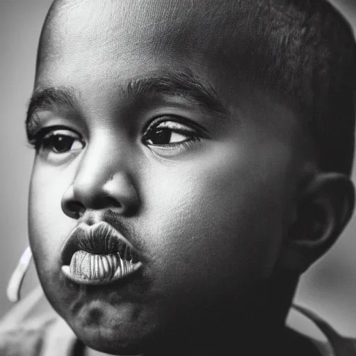 Image similar to the face of kanye west at 5 years old, portrait by julia cameron, chiaroscuro lighting, shallow depth of field, 8 0 mm, f 1. 8