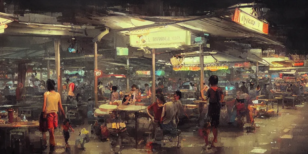 Image similar to a singaporean hawker centre at night, by greg rutkowski