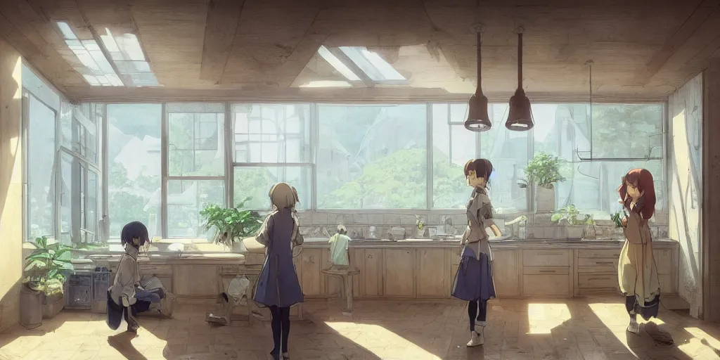 Image similar to interior design art, isometric, bright window lit kitchen, morning, steaming food on the stove, wooden floors, houseplants, ghosts, cottage decor, anime, trending on pixiv fanbox, painted by greg rutkowski makoto shinkai takashi takeuchi studio ghibli, akihiko yoshida