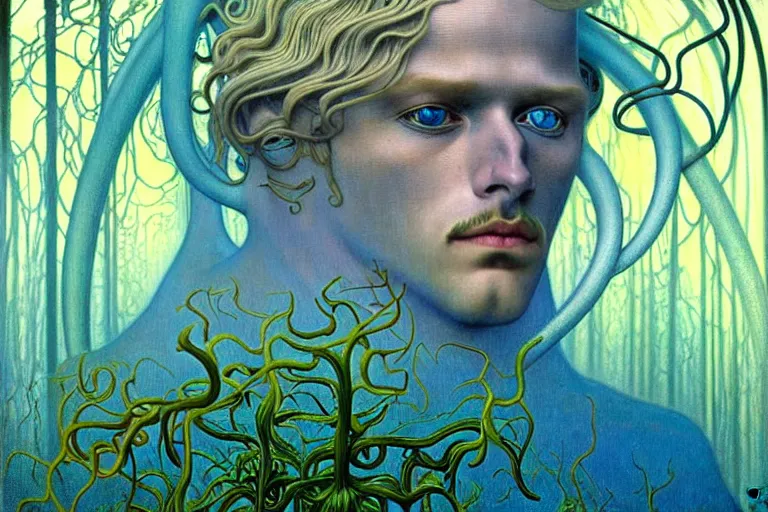 Image similar to realistic detailed portrait painting of a beautiful ghost man with blond hair with an alien, futuristic sci-fi forest on background by Jean Delville, Amano, Yves Tanguy, Alphonse Mucha, Ernst Haeckel, Edward Robert Hughes, Roger Dean, rich moody colours, blue eyes