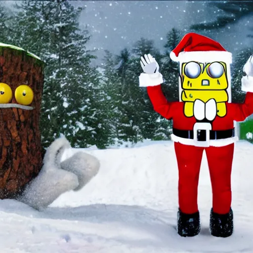 Prompt: robot santa and spongebob ride a tree log down an icy slope