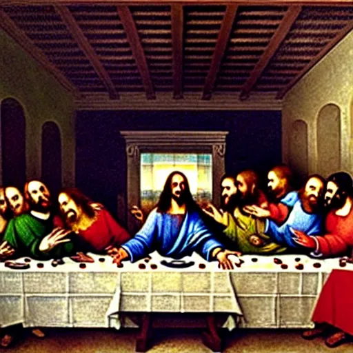 Image similar to the vampires from the show What we do in the shadows in the painting of the last supper by Leonard Da Vinci , photograph, ultrarealistic