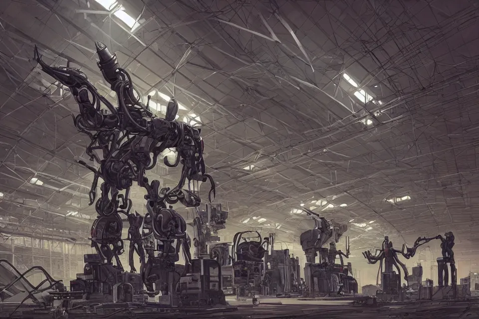 Image similar to hangar with giant humanoid robots, Industrial Scifi, detailed illustration, character design, by Martin Grip and Moebius
