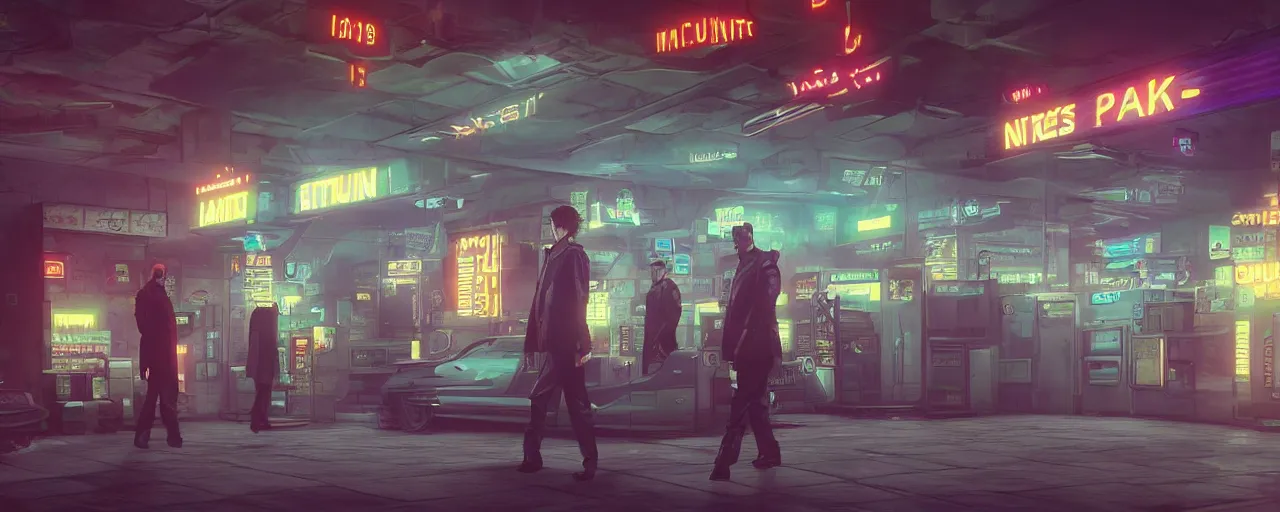 Prompt: a scene from the matrix that takes place in a gas station in the night time, vaporwave aesthetic, neon signs, superliminal 8 k uhd, unreal engine, octane render in the artstyle of finnian macmanus, john park and greg rutkowski