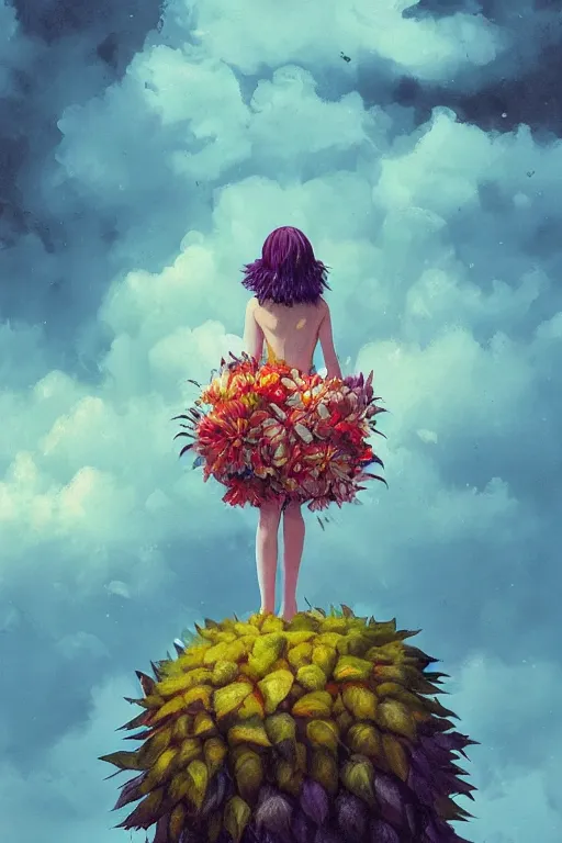 Image similar to closeup, girl with giant flower head, between monsteras, surreal photography, wind and cold, dramatic sky, impressionist painting, digital painting, artstation, simon stalenhag