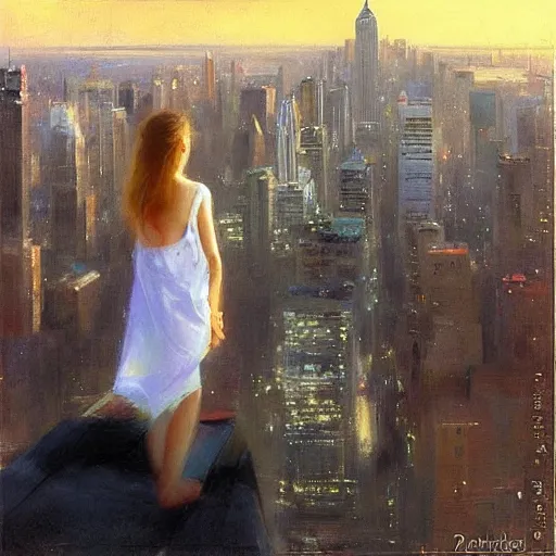 Image similar to “ girl standing on a roof looking down at a futuristic new york city below, by daniel gerhartz ”