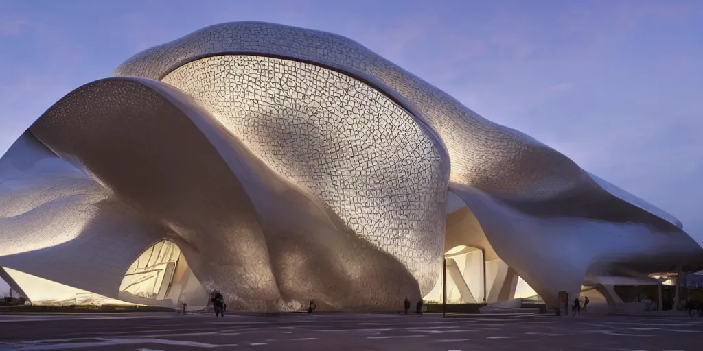 Image similar to extremely detailed ornate stunning beautiful elegant futuristic museum exterior by Zaha Hadid, stunning volumetric light, sunset