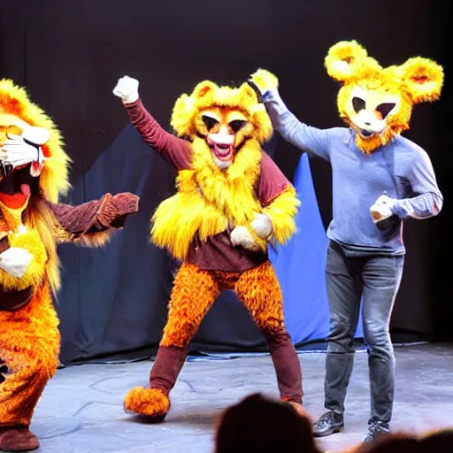 Image similar to terrible lion mascot costumes in a stage show at disneyland, covered outdoor stage, theatrical lighting, iphone video