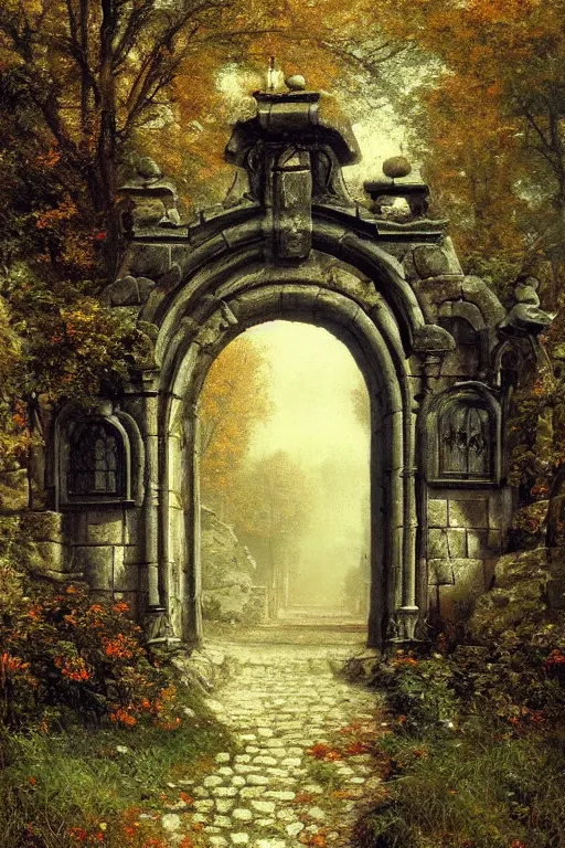 Prompt: beautiful digital painting high quality heavy iron gothic gate in the woods cobblestone ground by ARnold Böcklin, artstation behance