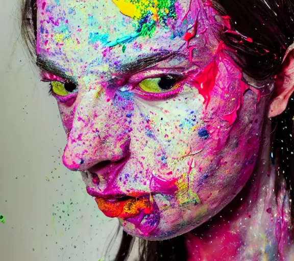 Image similar to still shot footage of a portrait of a female angel's head morphs into acrylic pour and coloured powder explosion and splashing paint and dripping paint and flying paint chunks, closing eyes, motion blur, hyperrealistic, medical, intricate art photography, hyperrealistic, anatomically correct, realistic crisp textures, 1 6 k