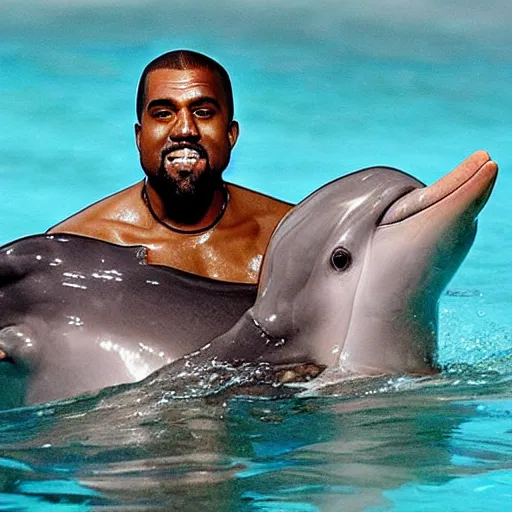 Prompt: kanye west swimming with dolphins