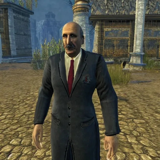 Image similar to Alexander Lukashenko wearing a suit and tie in Balmora in Elder Scrolls III: Morrowind, outdated 2002 Morrowind graphics