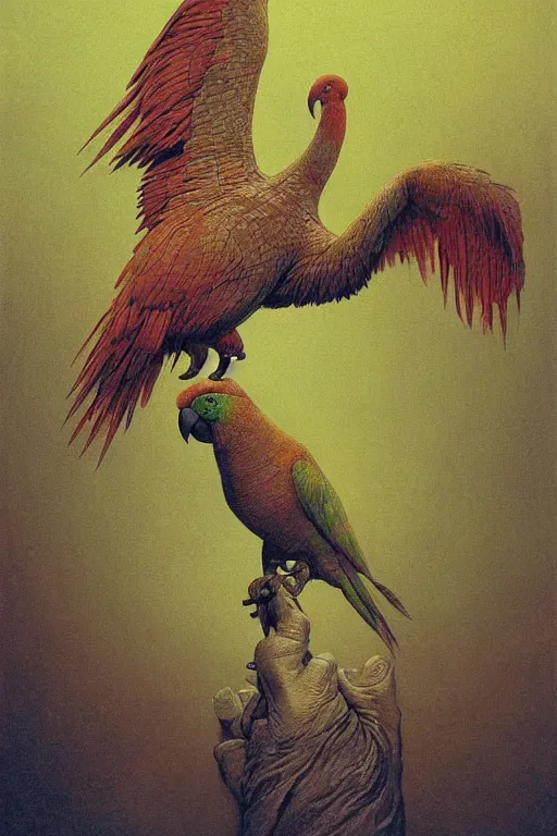 Image similar to painting of cross between parrot & rhino, intercrossed animal, by zdzislaw beksinski, by tiffany bozic, warm tone gradient background, concept art, beautiful composition, digital painting,