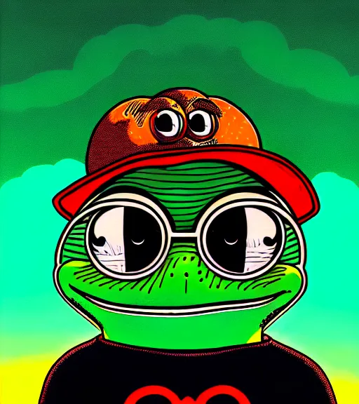 Prompt: portrait of pepe the frog in summer dawn, in comic style by matt furie, positive atmosphere, cool vibes, bao phan, deep depth field, masterpiece, cinematic composition, hyper - detailed, hd, hdr