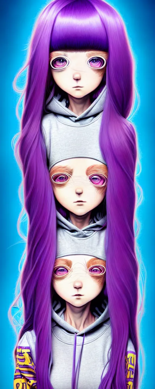 Image similar to richly detailed colored pencil 3D illustration of a singular beautiful female butcher with long purple hair wearing a hoodie and short shorts, she staring at the camera happily. mirrored background with completely rendered reflections, art by Range Murata and Artgerm.