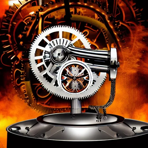 Prompt: a clockwork mechanical bull there are gears sticking out of the mechanical bull steam emanates from the robotic bull and thick clouds of steam swirl around the clockwork bull, ultra high detail, high particle effects, highly reflective surface, realistic reflections