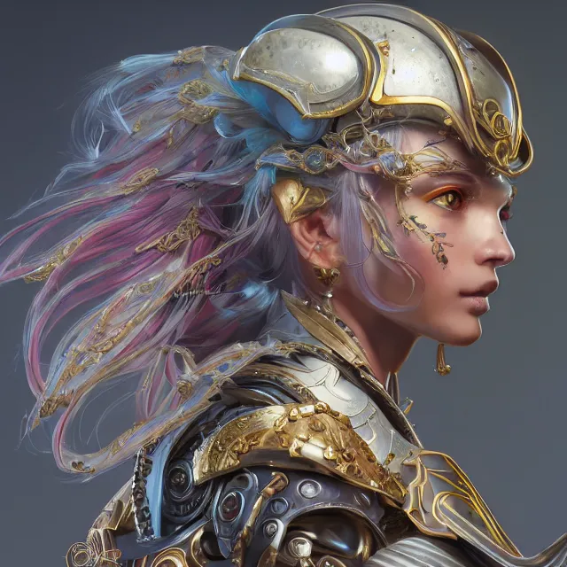 Image similar to studio portrait of lawful good colorful female holy mech paladin as absurdly beautiful, elegant, young woman, eye gear, ultrafine hyperrealistic detailed face illustration by kim jung gi, irakli nadar, intricate linework, sharp focus, bright colors, matte, octopath traveler, final fantasy, unreal engine highly rendered, global illumination, radiant light, intricate environment