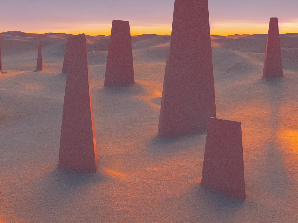 Prompt: a serene landscape of three giant, abstract, brightly - colored metallic obelisks in the desert at sunset