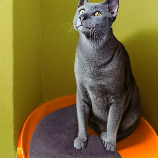 Prompt: Portra 400 a russian blue cat sitting on top of a german sheppherd in a space toilet