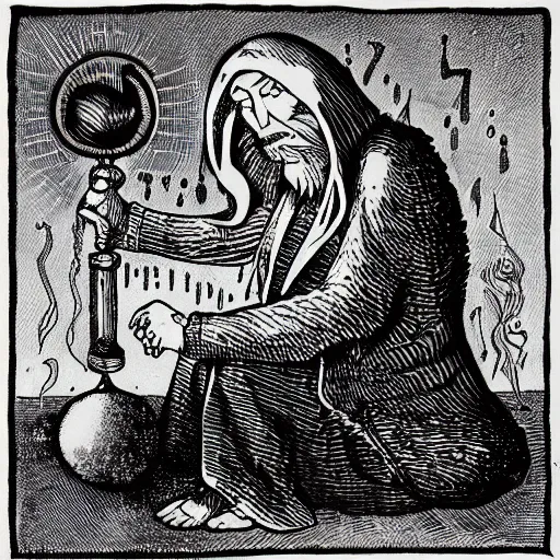 Prompt: Album cover of a Wizard pondering his orb