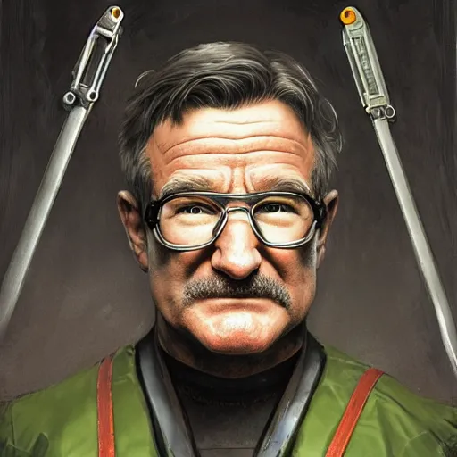 Image similar to robin williams as the gordon freeman from half life, unreal engine, sci fi, intricate, elegant, highly detailed, digital painting, artstation, concept art, matte, sharp focus, illustration, art by john collier and albert aublet and krenz cushart and artem demura and alphonse mucha