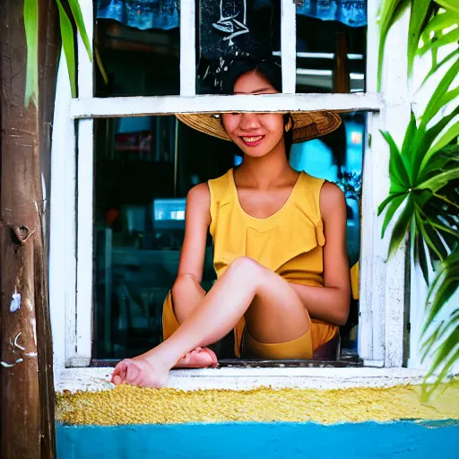 Prompt: a thin, pretty young Filipino girl sits near the window of a cute seaside Cafe with an espresso, golden morning light, cozy, tropical plants, Spirited Away