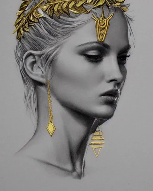 Image similar to tattoo design sketch of hot blonde super model as aphrodite greek goddess wearing a gold laurel wreath and triangle earrings, beautiful piercing gaze with sharp pupils, in the style of greg rutkowski, fantasy, amazing detail, epic, elegant, smooth, sharp focus, front view