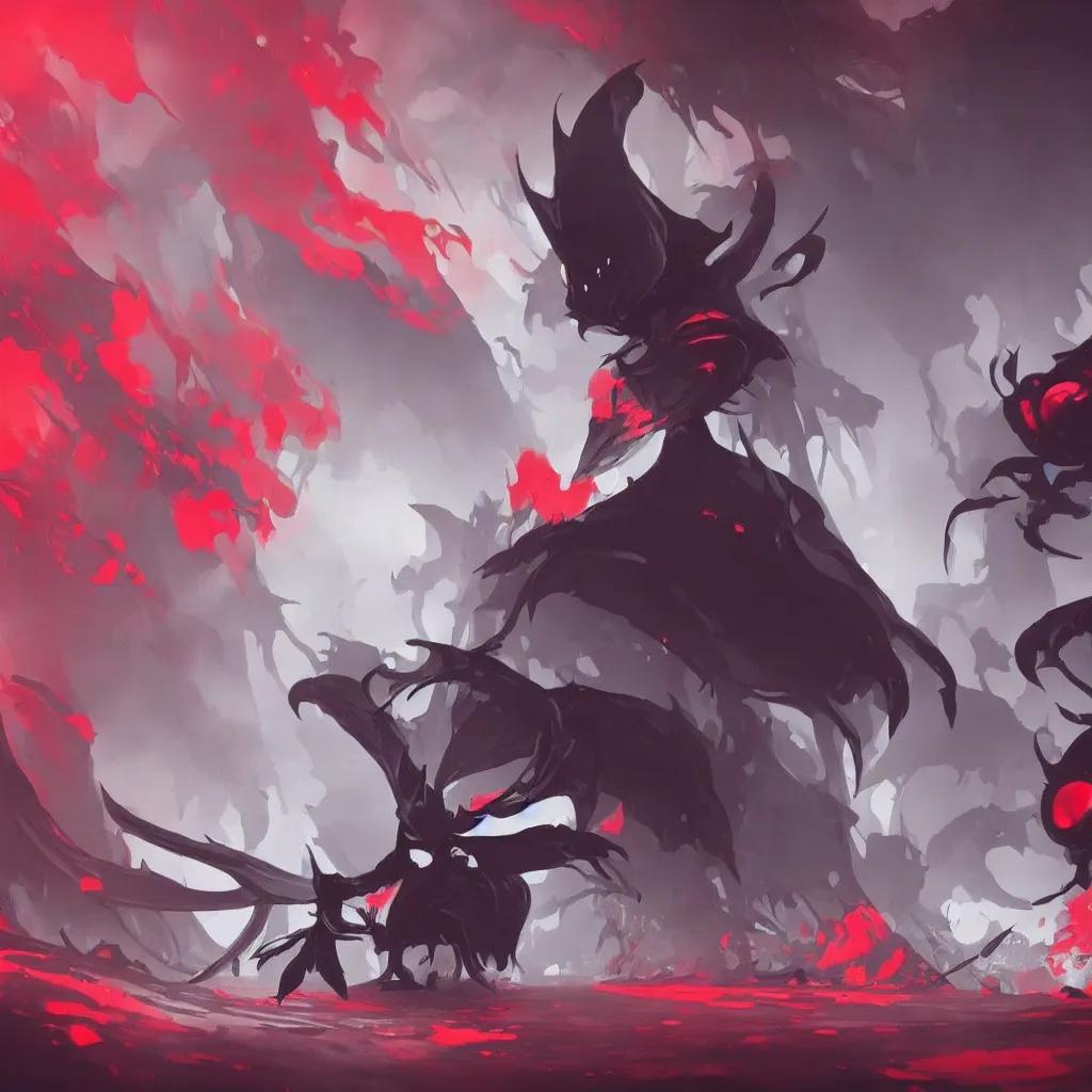 Prompt: concept art for hollow knight. Ominous. High detail. No text. Red. Bright Colors. nightmare king grimm. Sharp. 4K 8K. Detailed shapes.