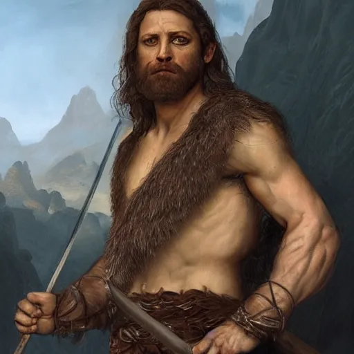 Image similar to renaissance full body portrait of a gruff ranger with a spear, lean and toned, handsome face, hairy chest and hairy body, D&D, intricate, elegant, highly detailed, digital painting, artstation, concept art, matte, sharp focus, chiaroscuro, well list, illustration, art by Da Vinci, Artgerm and Greg Rutkowski and Alphonse Mucha