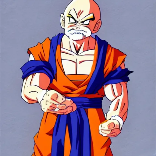 Image similar to Full body portrait of Goku fused with Master Roshi from Dragon Ball Z, detailed, artstation, by Kyoto Animation and Studio Ghibli and GAINAX