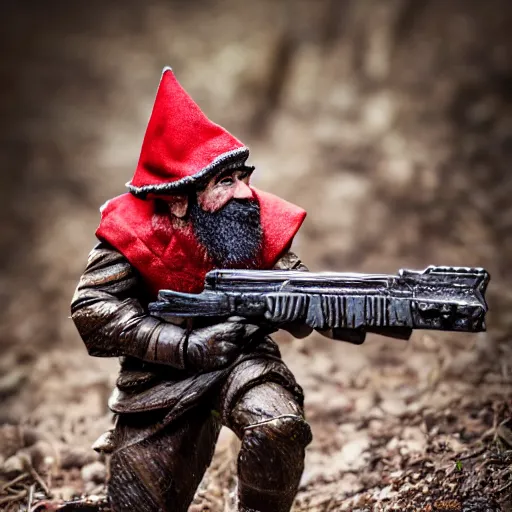 Image similar to a serbian gnome soldier carve up prey in the forest, high detail photoshoot, depth of field, studio lights