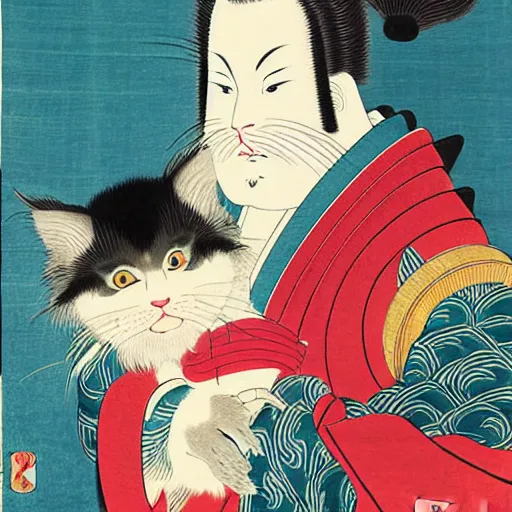 Image similar to beautiful portrait ukiyo - e painting of an ginger maine coon with white beard by kano hideyori, kano tan'yu, kaigetsudo ando, miyagawa choshun, okumura masanobu, kitagawa utamaro