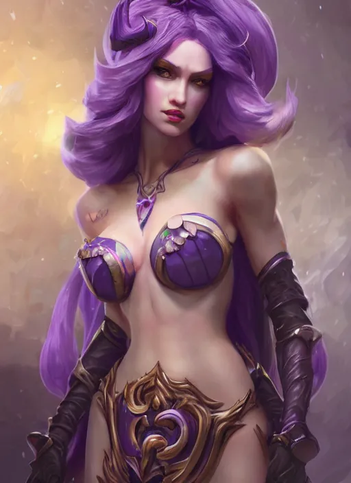 Prompt: morgana, from league of legends, au naturel, hyper detailed, purple skin, digital art, trending in artstation, cinematic lighting, studio quality, smooth render, unreal engine 5 rendered, octane rendered, art style by klimt and nixeu and ian sprigger and wlop and krenz cushart