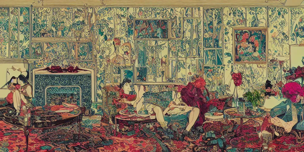 Prompt: a beatiful living room in an old victorian house, extremely detailed, sharp focus, wide view, smooth, digital illustration, colorfull by, james jean, sakimichan, mcbess, by edmund dulac