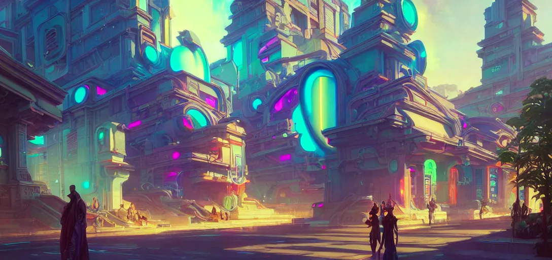 Image similar to street view of a cybernetic temple, vaporwave aesthetic, colorful, psychedelic, digital painting, artstation, concept art, smooth, sharp focus, illustration, art by artgerm and greg rutkowski and alphonse mucha