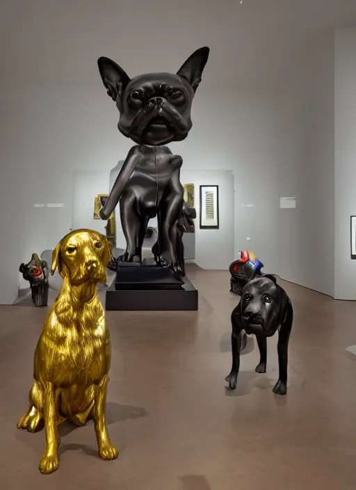 Prompt: a museum room with an sculpture of a velvet dogs made by koons