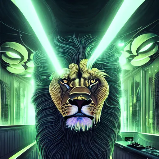 Image similar to a lion inside a night club, hyperdetailed, in the style of artgerm, deviantart, figurative art, deviantart, ilya kuvshinov, lovecraftian