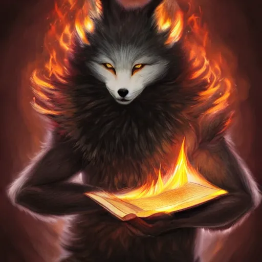 Image similar to male kitsune furry with dark fur, carries a tome, surrounded by floating fire orbs, shortsword, charismatic, young, dark clothing, elegant, digital illustration, detailed, intricate, sharp focus, digital painting, deep focus, digital painting, artstation, concept art, matte, art by artgerm and greg rutkowski and alphonse mucha