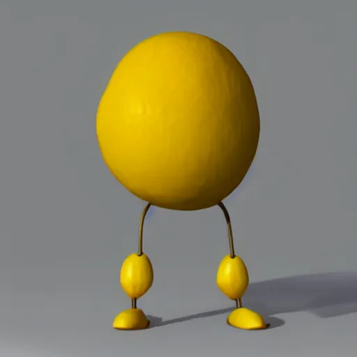 Image similar to a lemon in shape of a human with legs of lemons and round body, arms of lemons, very realistic, high quality, volumetric light