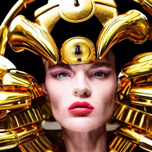 Prompt: close up of a female fashion model in year 3000 in art-deco entrance hall, model wearing a huge surreal Avant-garde helmet in gold, photography , official Versace editorial , highly detailed