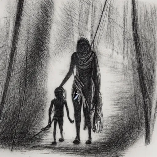 Image similar to bandaged mummy walks through camp, in jungle, pencil drawing, engraving, simple