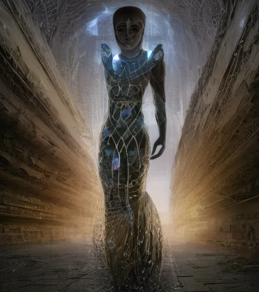 Image similar to ethereal picture of tarkovsky greatest scene, aura of the ancient destroyed majestic tower of babylon, a woman in futuristic cyber clothing, transparent puffer jacket, hyperealistic, blockchain, cyber world, ambient lighting, concept art, intricate, hyper detailed, smooth, dynamic volumetric lighting, ocatane, ray trace, cinematic, high quality, cgsociety